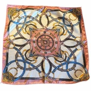 Vintage Equestrian Bandana Scarf 16” Square Pink Blue Cream